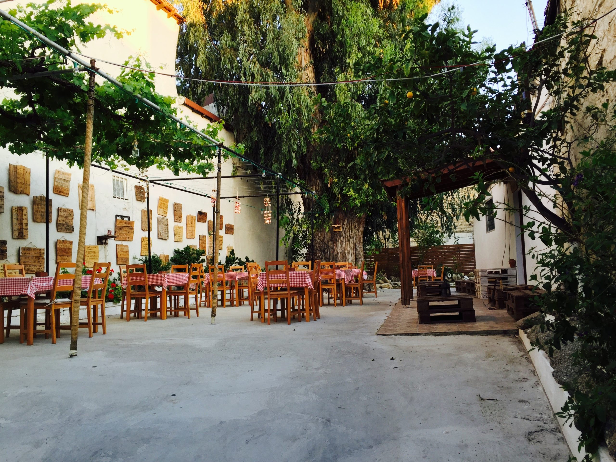 木のテーブルと赤いテーブルクロスのキプロスのレストラン